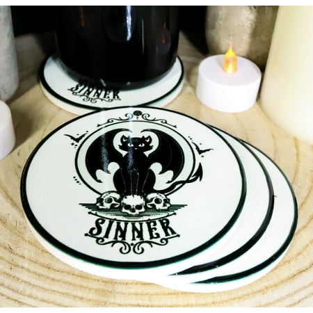 

Devil Black Cat Skulls Sinner Ceramic Coaster Set of 4 Tiles With Cork Backing