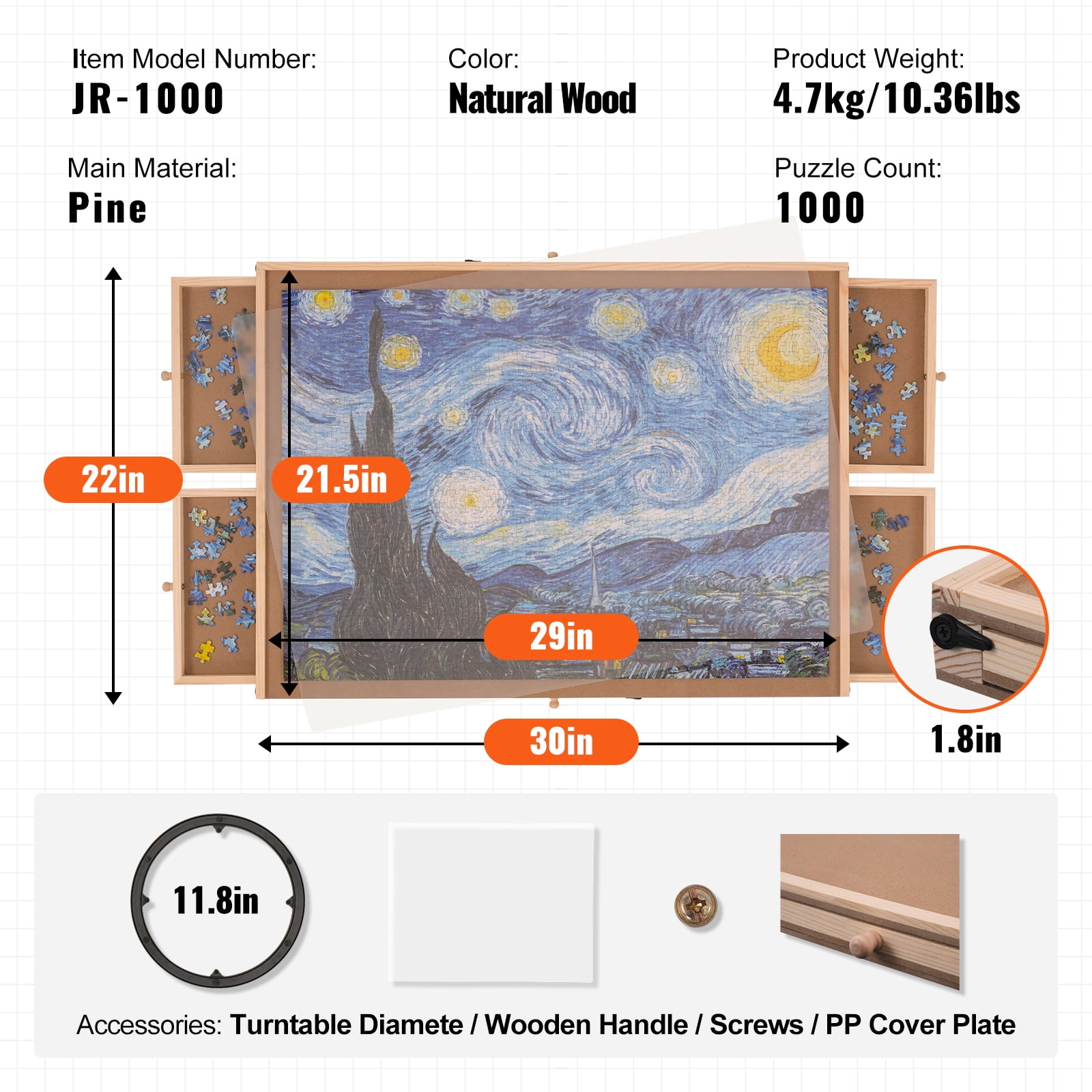 SKYSHALO Pine 1000 Piece Puzzle Board, Portable Puzzle Table w/ Storage Drawers, 30"x21.6" Rotating Wooden Jigsaw Puzzle Plateau for Adults & Kids & Elder