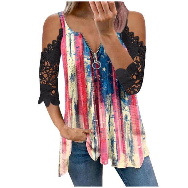 Moda Mujer Causal Cremallera Cuello Día de la independencia Blusa con estampado de encaje Camiseta de manga corta Tops de verano Fridja hjk279