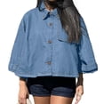 thumbnail image 3 of Womens 3/4 Sleeve Cropped Denim Jackets Casual Button Down Loose Coat with Pockets, 3 of 6