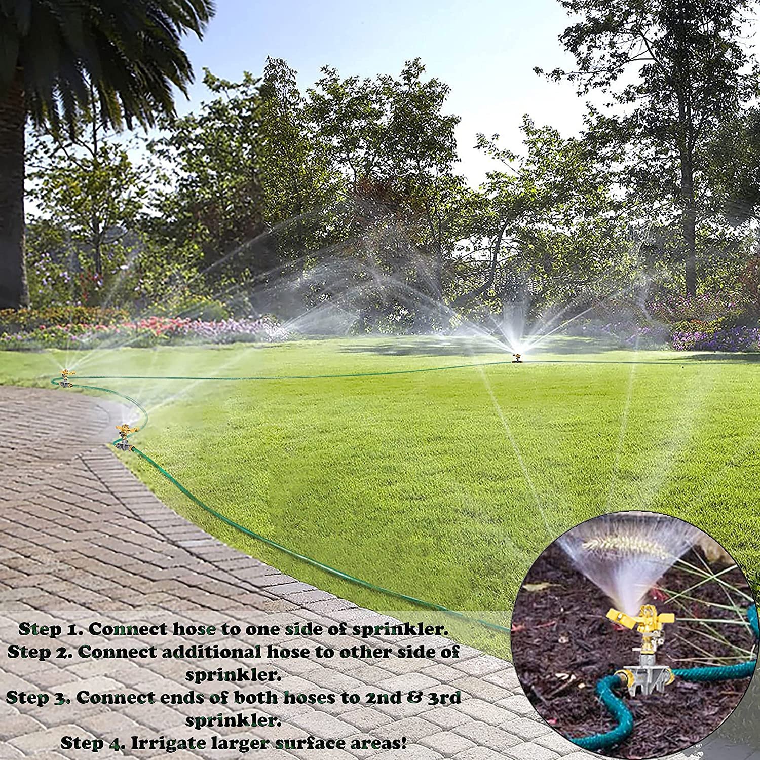 Morvat Lawn Water Hose Sprinkler, Brass Head & Solid Aluminum Stake, 360 Turn