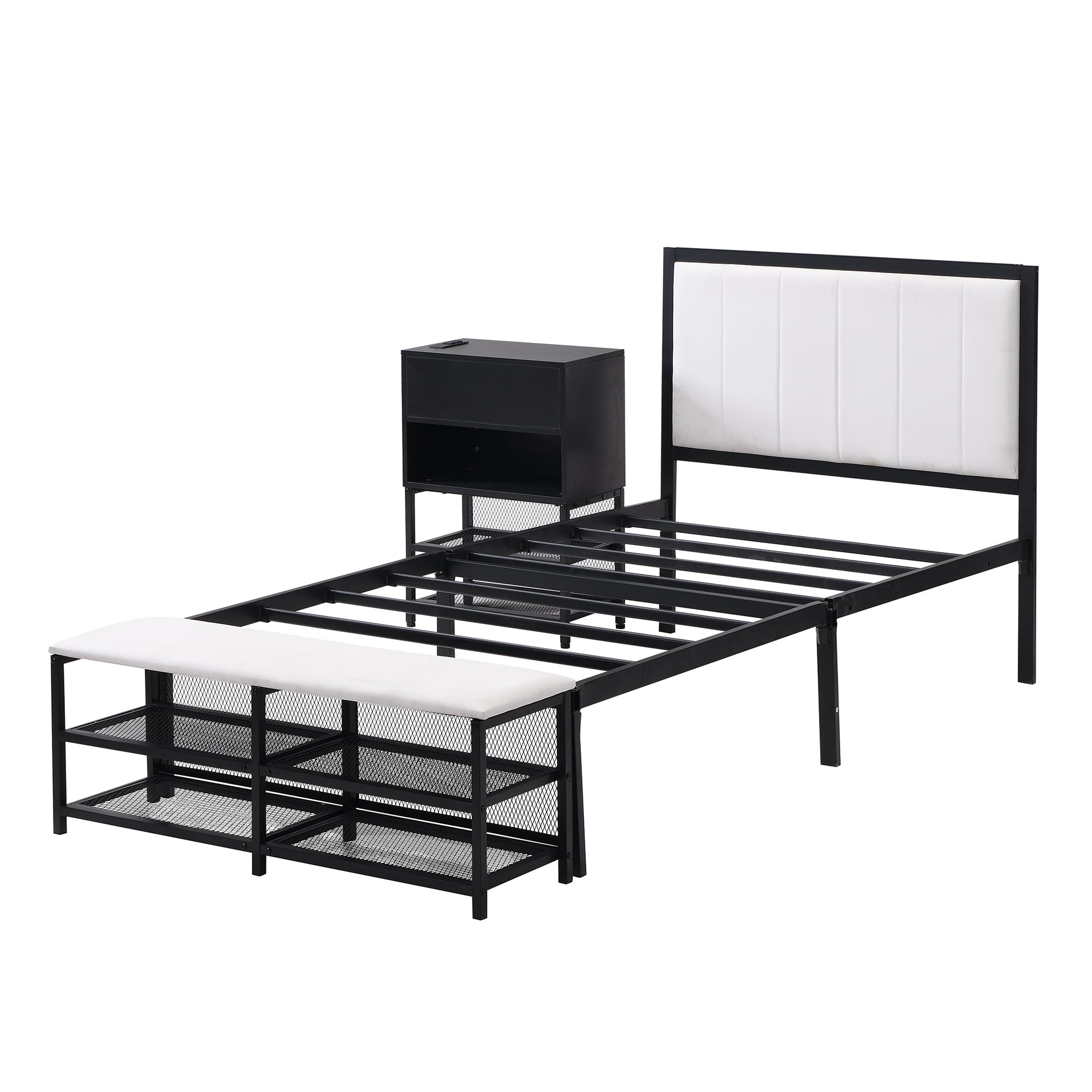 Euroco Metal Twin Size Platform Bed with Two-Tier Storage Shelves for Kids, Wood Cabinet, Black