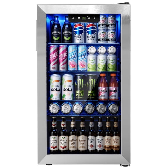 Simzlife 130 Can Beverage Refrigerator with Glass Door for Home, 17.3 in D, 31.3 in H, Silver