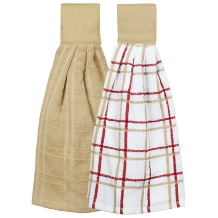 Solid and Multi Check Kitchen Tie Towel, Set of Two, Biscotti