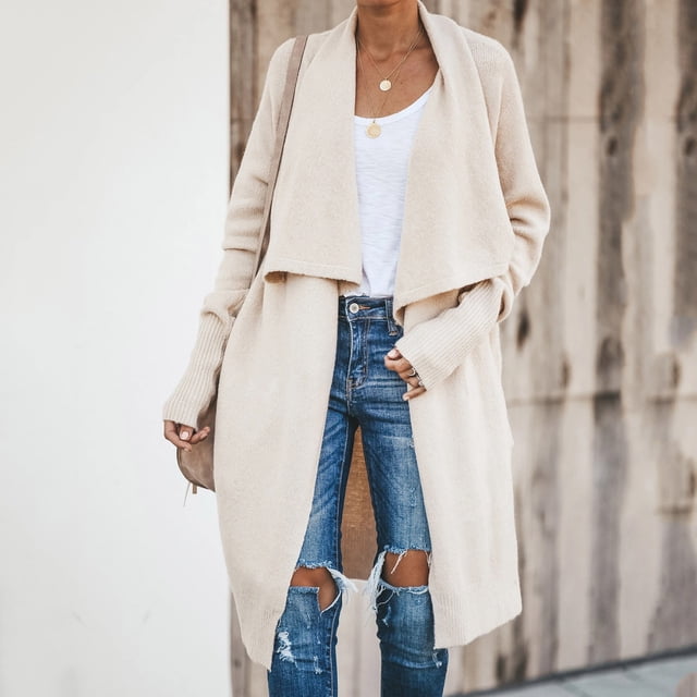 Qertyioot Cardigan Ouvert pour Femmes, Pull Décontracté à Manches Unies avec Poches