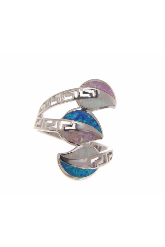 Blue white pink tricolor inlay synthetic opal ring Hawaiian leaf solid 925 sterling silver size 6