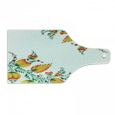 Japanese Cutting Board, Ornate Japanese Watercolor Flower Motif Environment Inspired Art Image Print, Tempered Glass Cutting and Serving Board, Wine Bottle Shape, Orange Green, by Ambesonne