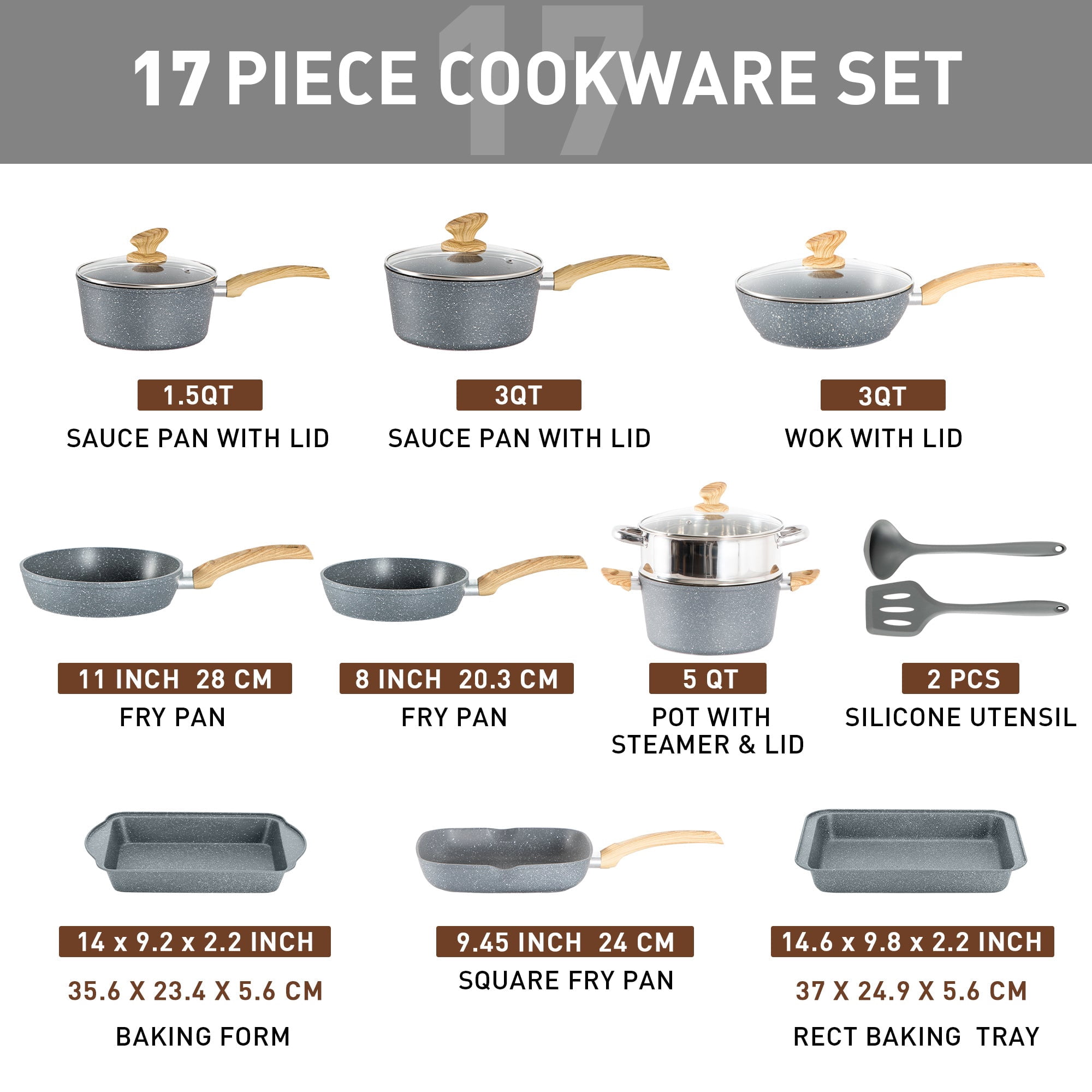 MF Studio 17 Pieces Cookware & Bakeware Set Granite Nonstick Pots and Pans Set, Blue Gray