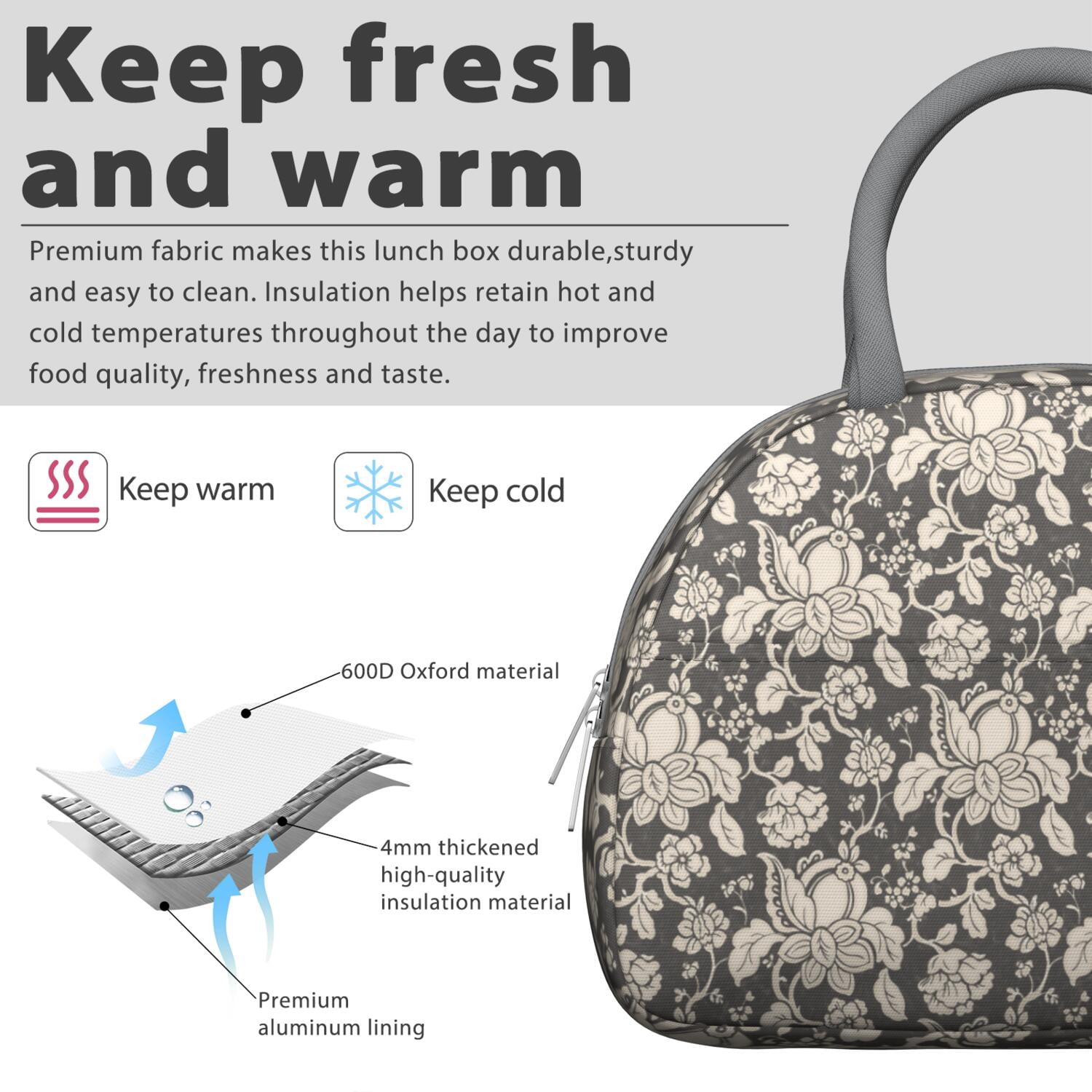 Rustic Floral Lunch Bag – Vintage Bloom Pattern Tote for Women with Insulated and Leakproof Lining, Ideal for Outdoor Meals