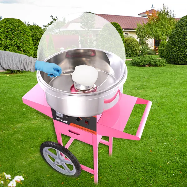 Pink 1000W Commercial Cotton Candy Machine Cart with Bubble Cover Stainless Steel Bowl Sugar Scoop and Drawer for Home Kids Birthday Family Party