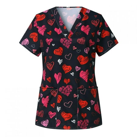 

Tuscom Valentine s Print Nurse Uniforms for Women Breathable Patterned Scrub_Top Short Sleeve V-Neck Plus Size Shirts Tee Tops with Pockets for Couples Gifts