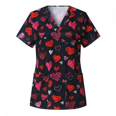 

Tuscom Valentine s Print Nurse Uniforms for Women Breathable Patterned Scrub_Top Short Sleeve V-Neck Plus Size Shirts Tee Tops with Pockets for Couples Gifts
