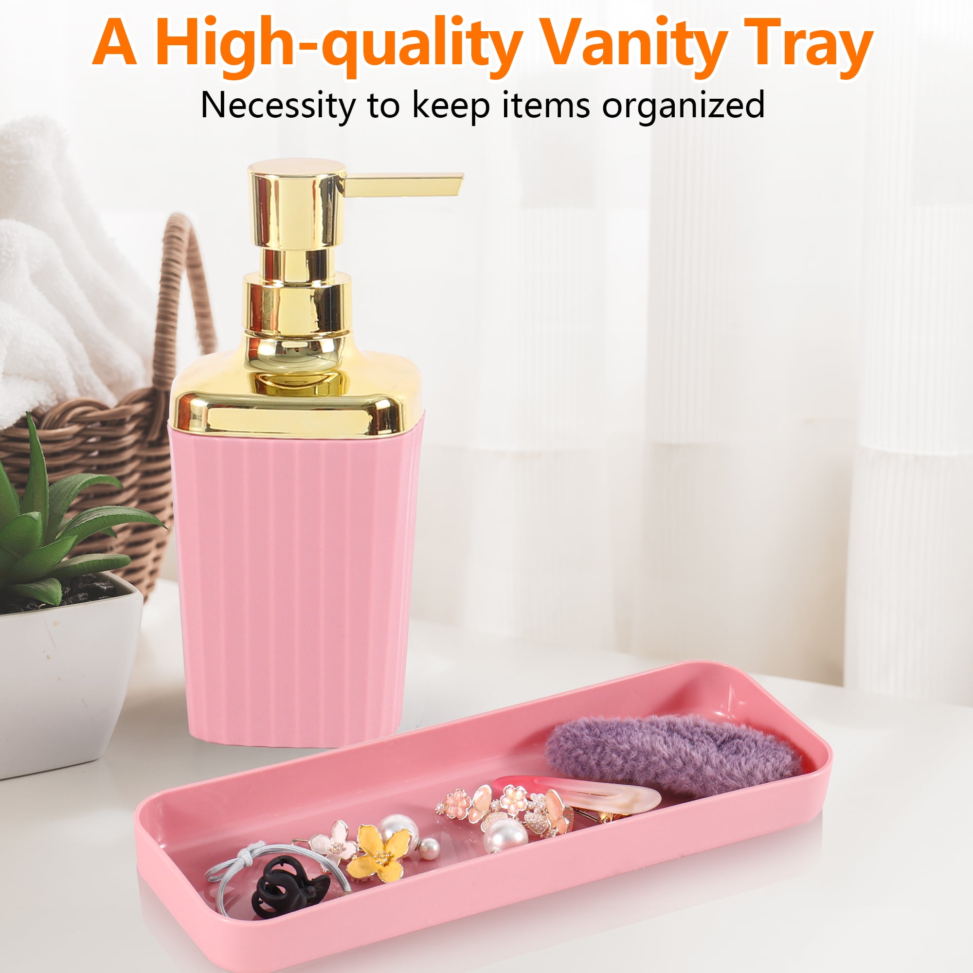 Bathroom Accessories Set,9 Piece Pink Bathroom Sets Complete With Toothbrush Holder, Trash Can, Lotion Soap Dispenser, Toothbrush Cup, Vanity Tray, Soap Dish, Toilet Brush, Qtip Holder