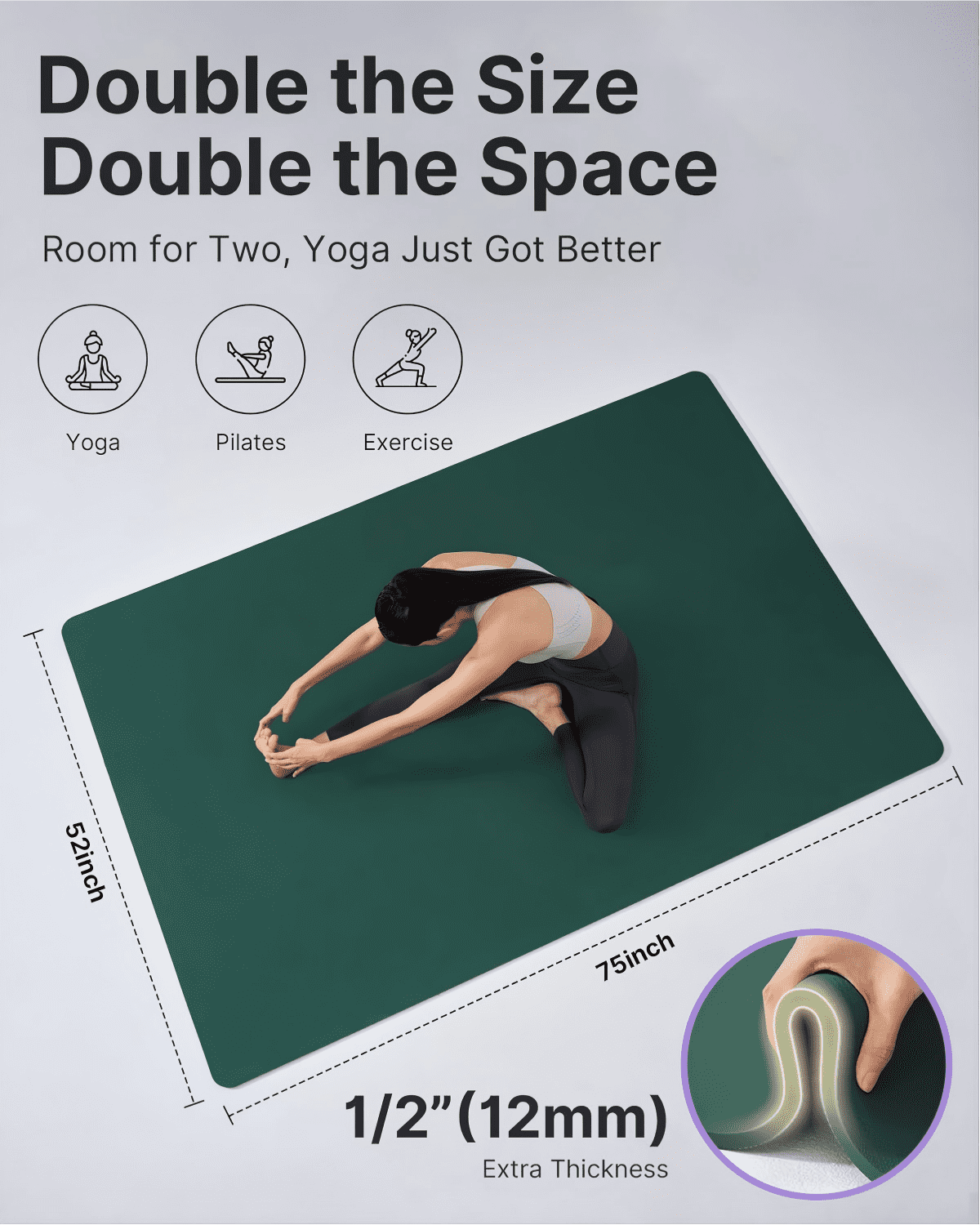 Large Yoga Mat (75 * 52 * 1/2inch),Extra Wide TPE Exercise Mat,Non-Slip Workout Mat for Pilates, Fitness, Barefoot, Home Gym Studio with Strap and Towel