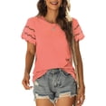 thumbnail image 1 of Camiseta informal de manga corta con cuello redondo y encaje para mujer, Tops de verano de Color puro para ir de compras y citas, 1 of 6