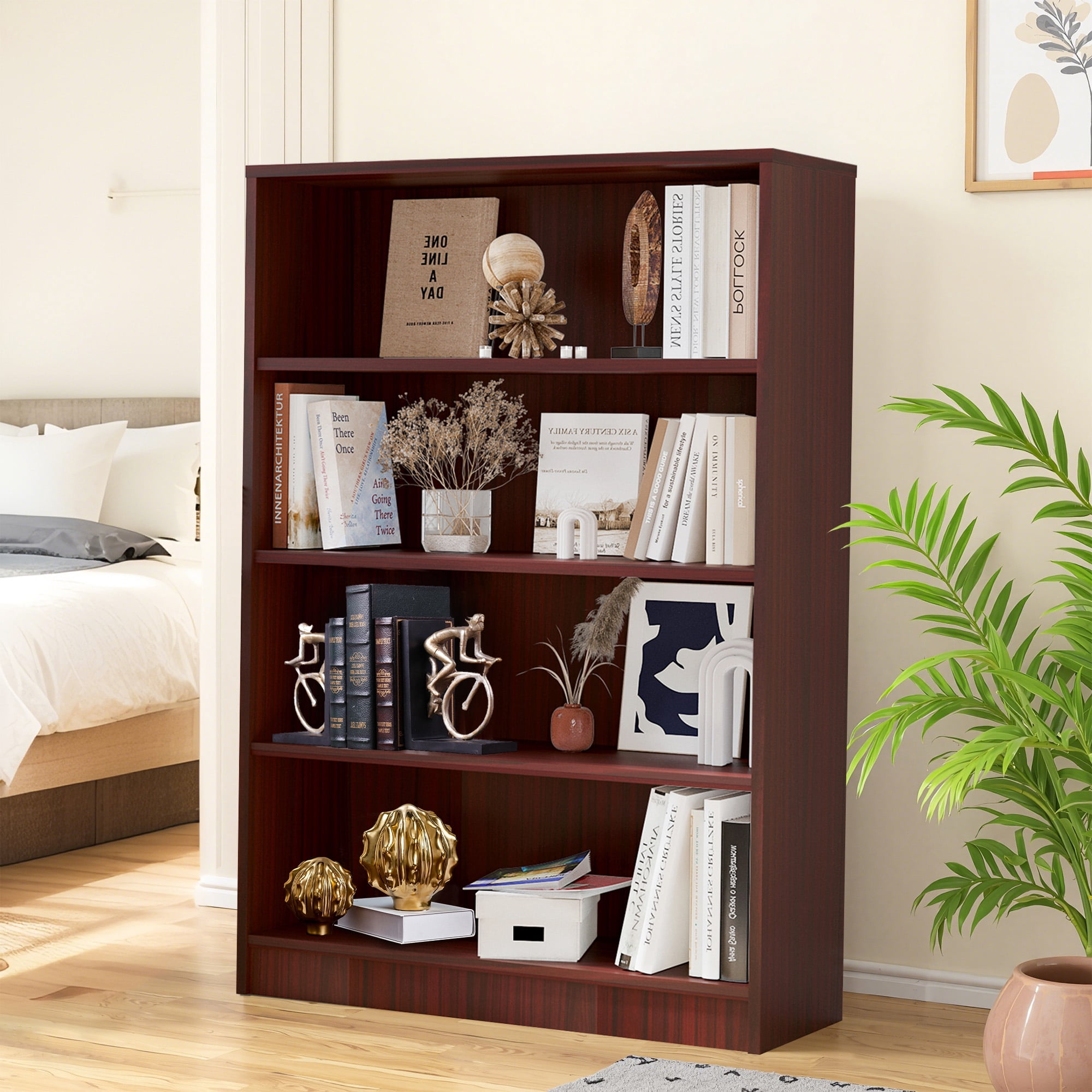 MAYEERTY Mahogany 4-Shelf Modern Wood Bookcase, 48" Tall, for Bedroom, Living Room, and Manga Library