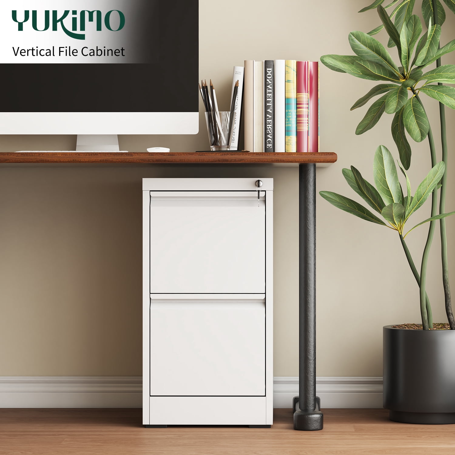 IKIMI 2 Drawer Vertical File Cabinet with Lock, 28.8" H Metal Office Storage Cabinet for A4/Letter/Legal Size, White