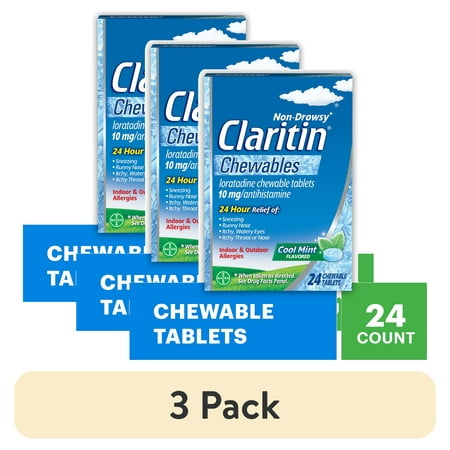 (3 pack) Claritin 24 Hour Non-Drowsy Antihistamine Allergy Relief Medicine Cool Mint Chewable Tablet, 24 Ct