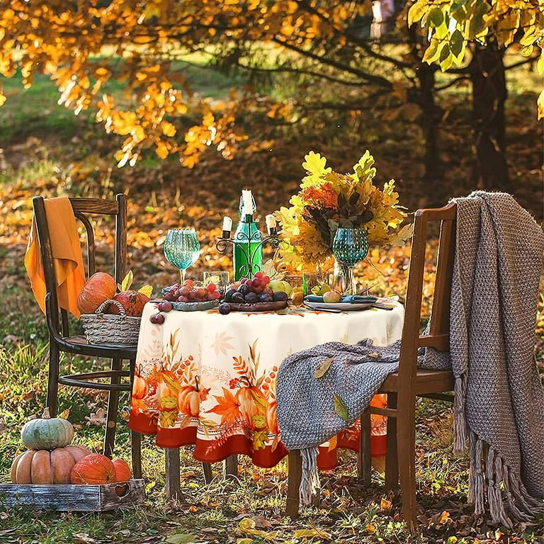 Thanksgiving Pumpkin Maple Leaves Round Fitted Tablecloth – Waterproof, Elastic Edge, 36-44in