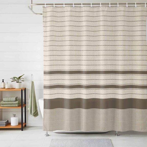 Brown Beige Striped Shower Curtains for Bathroom, Farmhouse Stripes Cottagecore Waterproof Fabric Shower Curtain, Decorative Bathroom Curtain for Bathtub, 72"x72", No Hooks Included