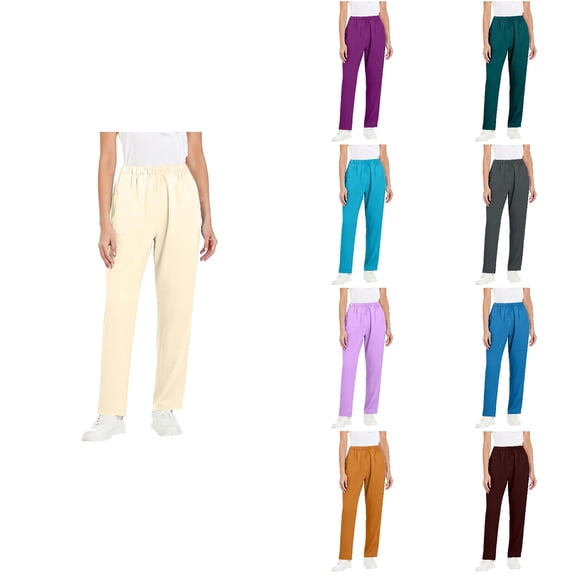 SROBPTY Womens Pants Solid Straight-Leg Elastic Waist with Pockets Work Long Trousers for Casual Use