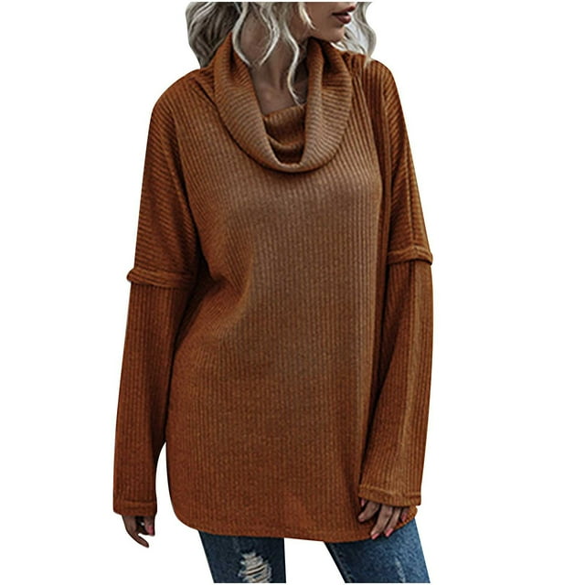 IROINID Women's Cowl Neck Pullover Sweater Solid Color Comfy Mid-Length Long Sleeve Split Knit Sweater
