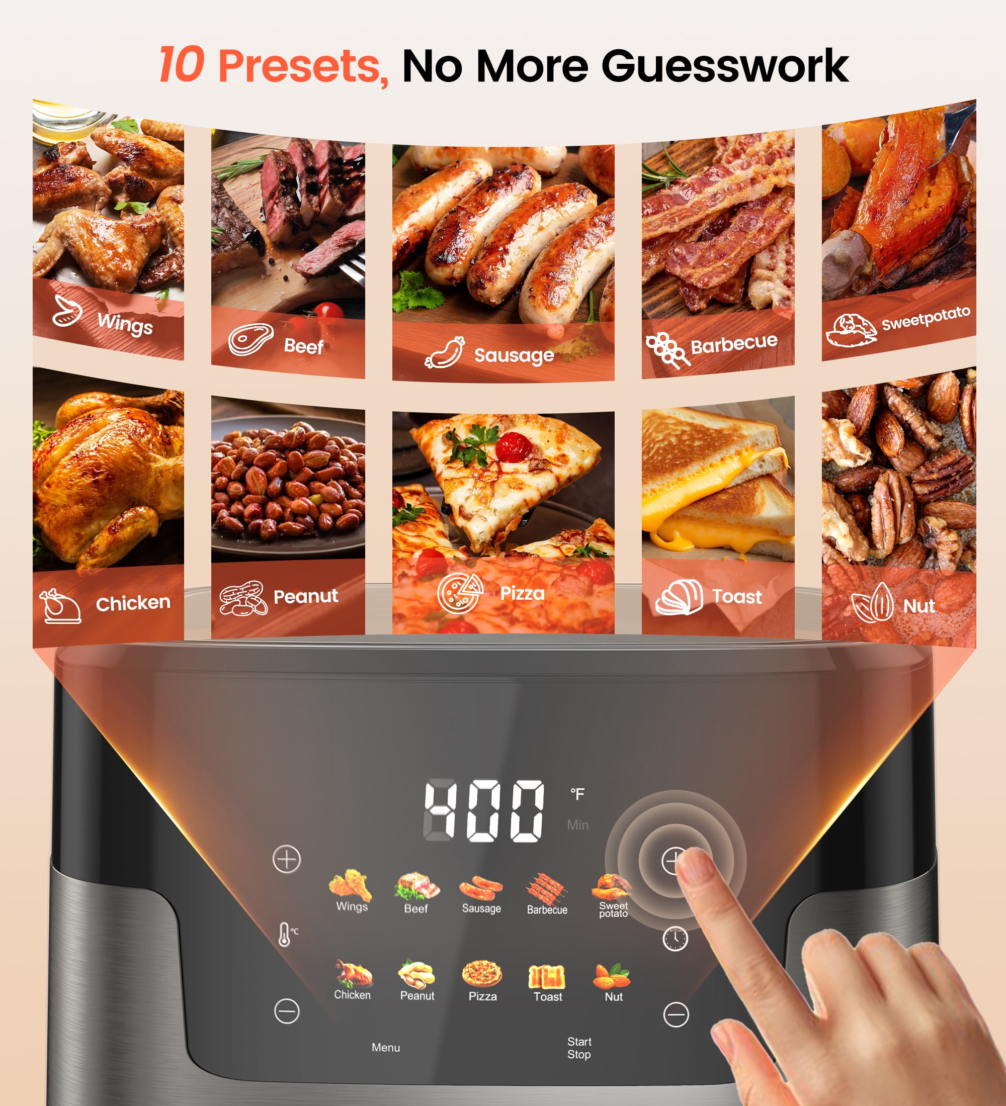 Suodoka 10 in 1 Air Fryer 6 Qt Capacity, Compact Countertop with Nonstick Basket, 400F Air Crisp