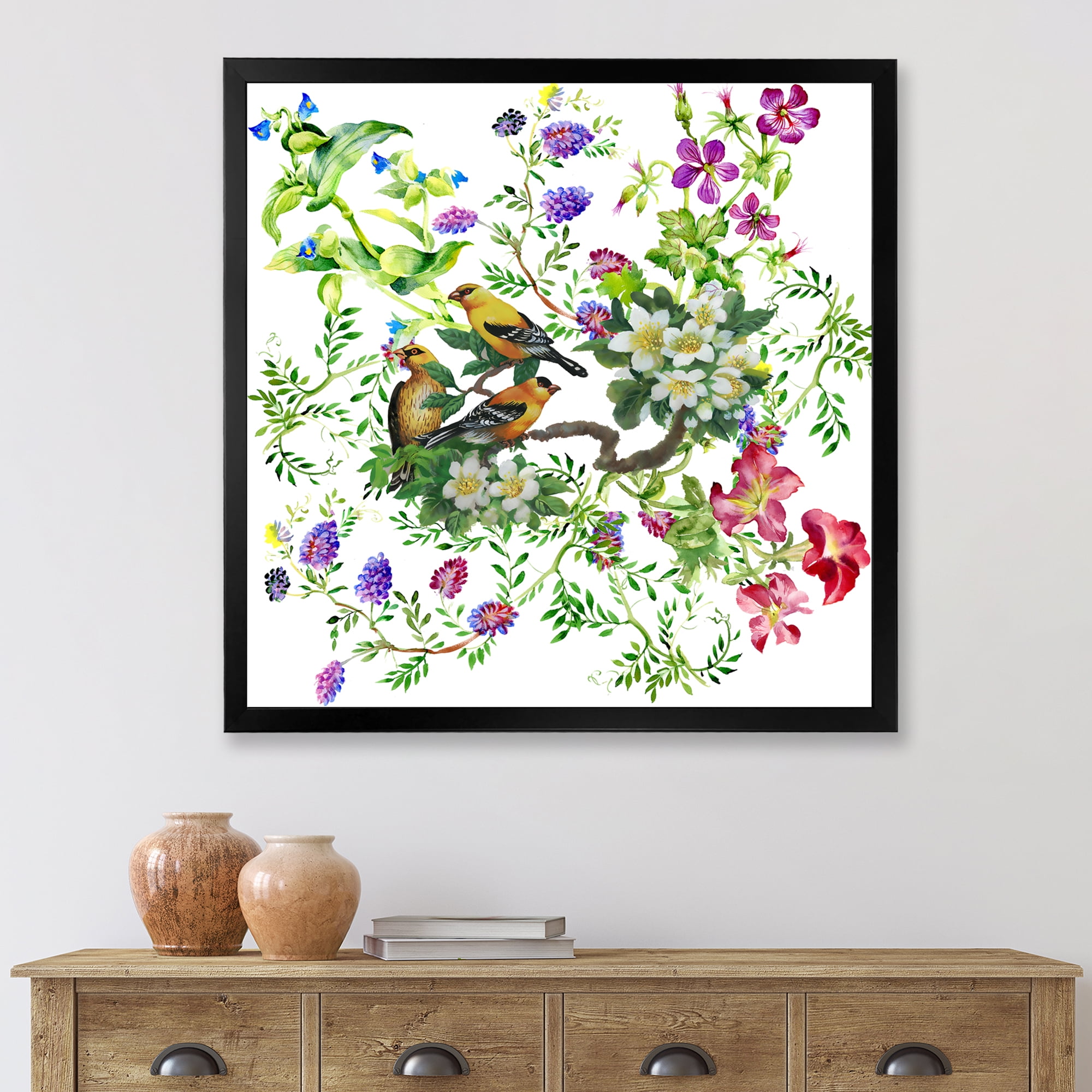 Designart 'Tropical Birds Sitting On Blooming Tree' Traditional Framed Art Print