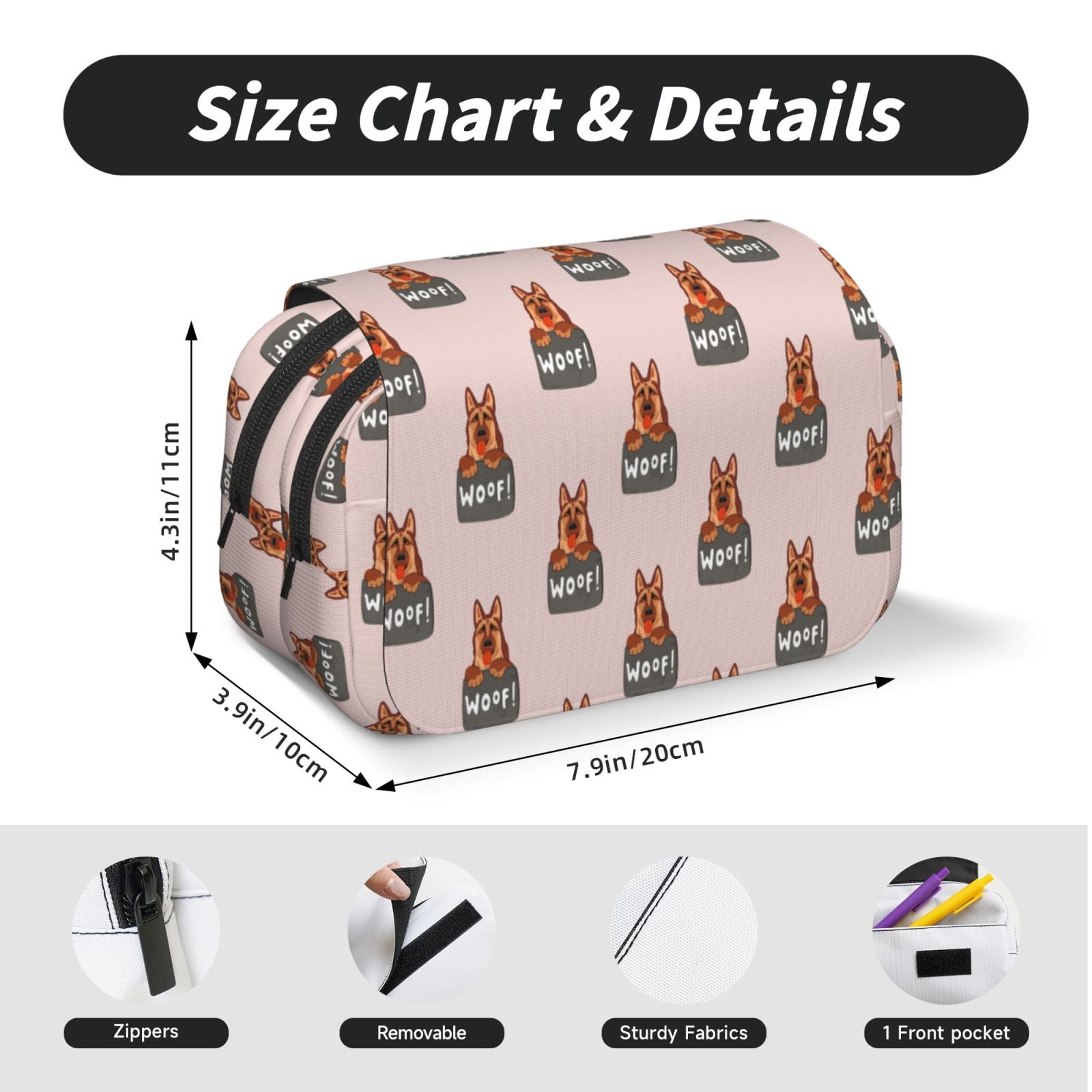 Rateoe German Shepherd Dog Pattern Double Clamshell Pen Case, Storage Organizer with Two Zipper Compartments– Holds Up to 50 Pencils & Pens