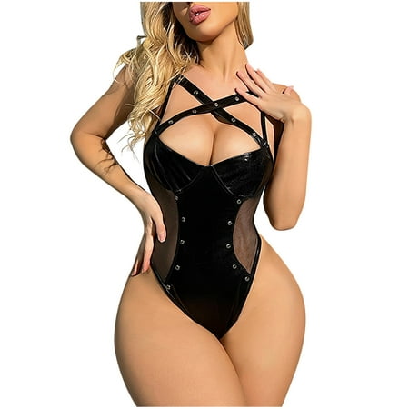 

NARABB Sexy Women One-Piece Lingerie Hollow Out Mesh Perspective Temptation Babydoll Underwear Sleepwear Faux Leather Underwear