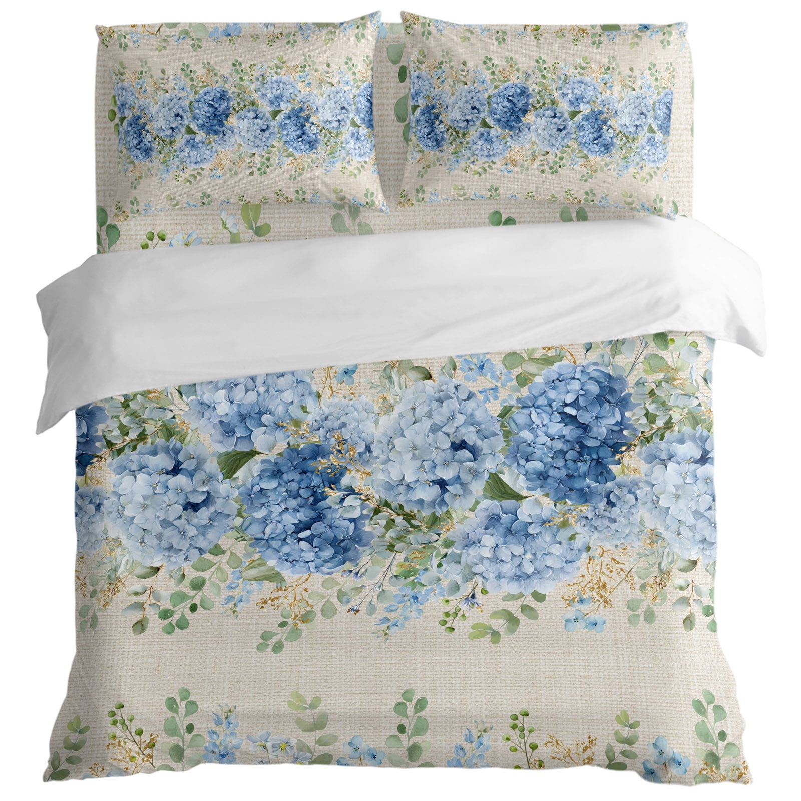 Blue Hydrangea Farm Eucalyptus Queen Size Bed Set,Vintage Linen