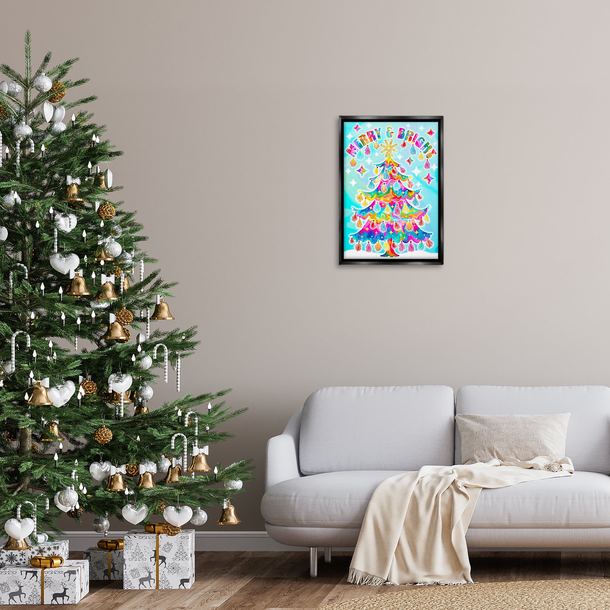 Stupell Industries Eclectic Merry & Bright Holiday Painting Black Floater Framed Canvas Art Prints Wall Art, 17 x 25