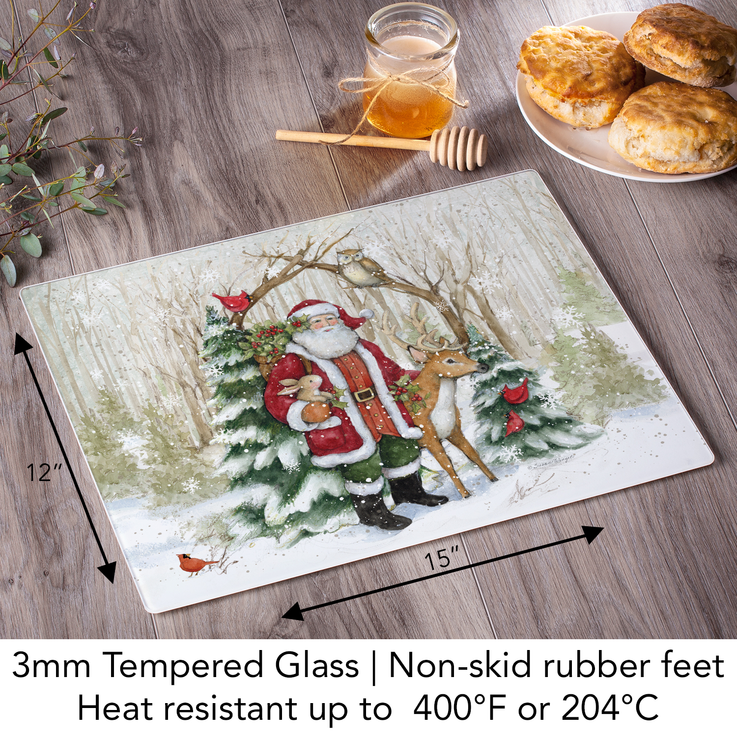 CounterArt Winter Forest Santa 3mm Tempered Glass Cutting Board 15" by 12"