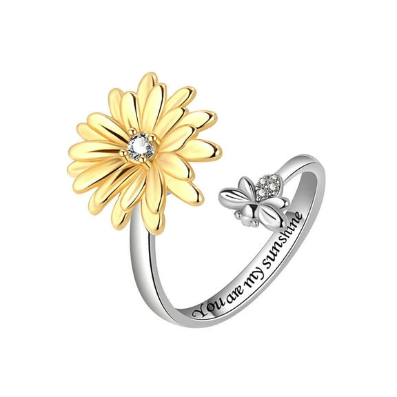 Womens Spinning Ring Sunflower Daisy Adjustable Copper Electroplated Fashion Jewelry Gift For Her Everyday Gem