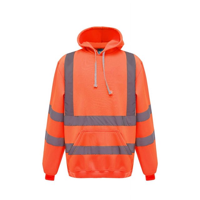 Men's Solid Color Reflective Hooded Sweatshirt Long Sleeve Sweater Top Loose Road Work High Visibility Pullover (Orange,XL)