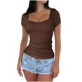 thumbnail image 2 of Fanxing Women V Neck Short Sleeve Slim Fitted T-Shirts Basic Tees 2025 Summer Going Out Tops Brown,M, 2 of 6