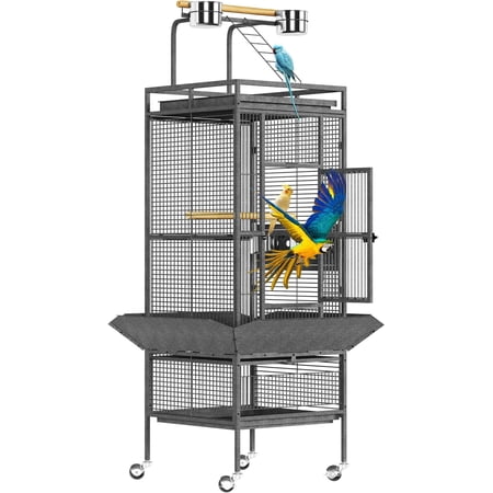 61 Inch Large Bird Cage, Metal Bird Cages with Playtop, Rolling Stands, Feed Bowls for Parakeets, Conures, Parrot Cage for Medium Large Parrot Cage with Slide-Out Tray Seed Guard, Black