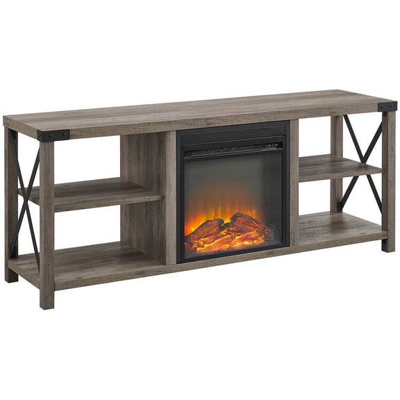 60" Farmhouse Metal X Fireplace Console in Gray Wash