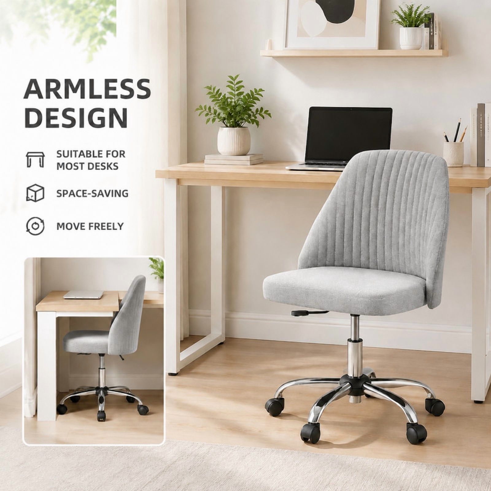 BEAUTYPEAK Armless Vanity Chair Adjustable Swivel Fabric Desk Chair with Padded Seat Wheels Mid-Back Office Chair, Light Gray
