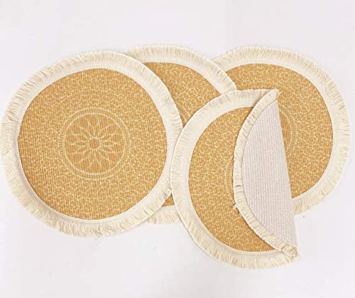 Fennco Styles Unique Dream Catcher Fringe Cotton Placemats 14-inch Round, Set of 4 - Yellow Decorative Boho Table Mats for Home Decor, Dining Table, Banquets and Special Events