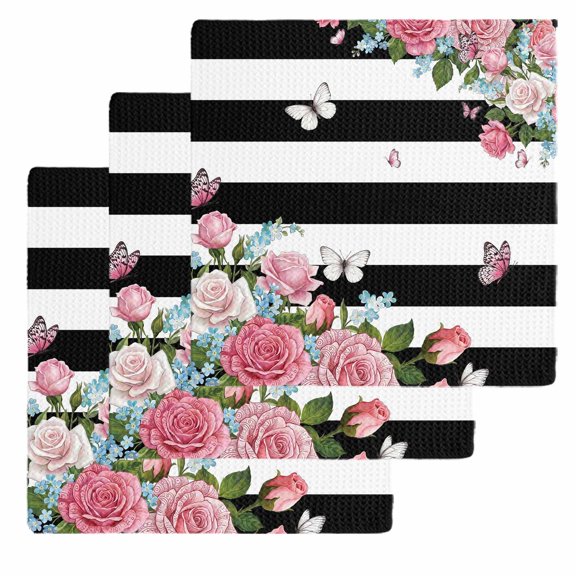 Pink Flowers Kitchen Dish Towels for Drying Dishes Set of 3, Spring Floral Butterflies Black White Striped Farmhouse Waffle Weave Microfiber Hand Tea Bathroom Towels Quick Dry & Absorbent Towel 12x12