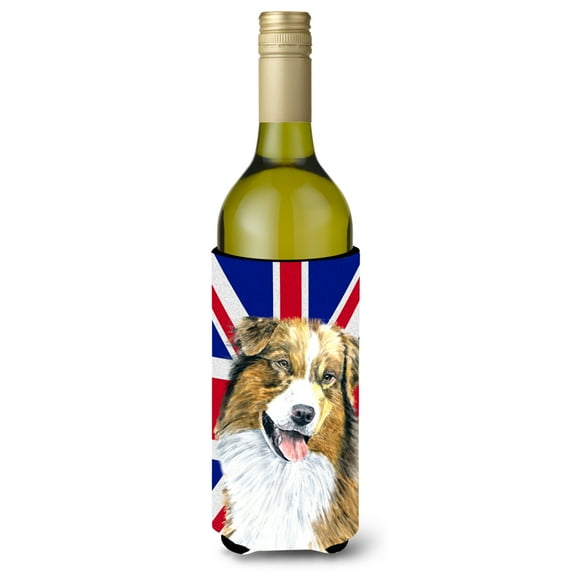 Australian Shepherd with English Union Jack British Flag Wine Bottle Hugger