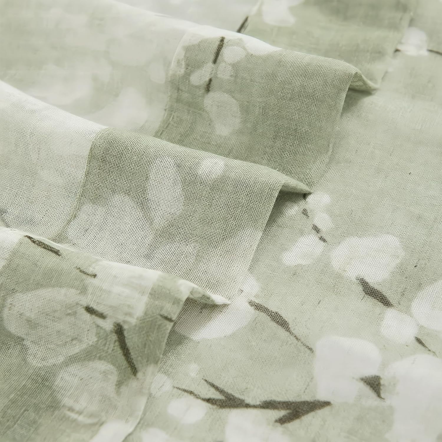 Linen Sheer Curtains for Bedroom, Sage Green Blossom Print Curtains 63 Inch Length for Living Room, Floral Patterned Farmhouse Curtain Light Filtering Window Drapes 2 Panels, Rod Pocket