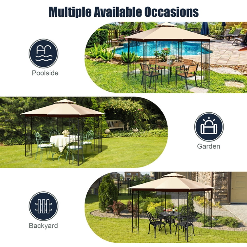 Aimee Lii 10 x 10 Feet L-Shaped Patio Canopy Gazebo Outdoor 2-Tier Steel Tent, Backyard Canopy Gazebo for Party Wedding BBQ Events, Beige