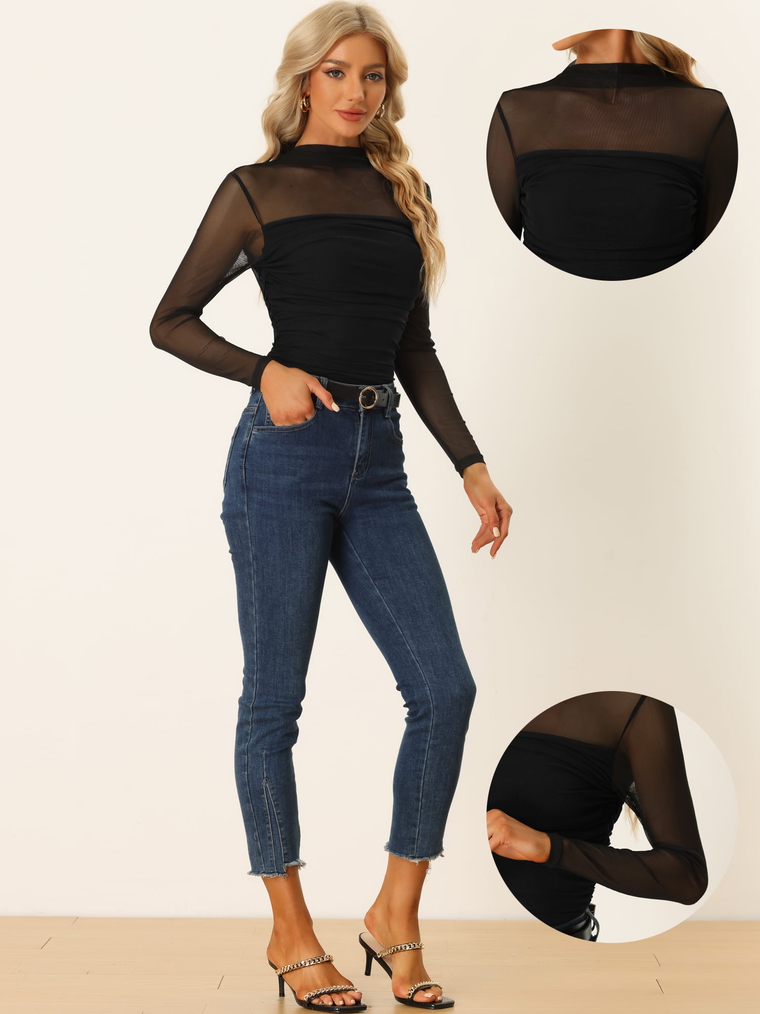 DARING DIVA Women's Sheer Panel with Side Shirring Mesh Top XL Black