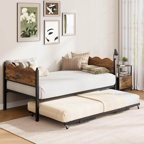 Daybed with Trundle, Twin Size Day Bed with Metal Slat Support & Lockable Casters, Wavy Headboard with Wood Grain, Space-Saving Sofa Bed for Living Room/Guest Room, No Box Spring Needed, Brown