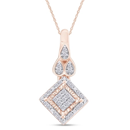 AFFY Natural Round Cut White Diamond Tilted Square Frame Teardrop Pendant Necklace Along With 18 Chain In 14K Rose Gold Over Sterling Silver (0.1 Cttw J-K Color I2-I3 Clarity)