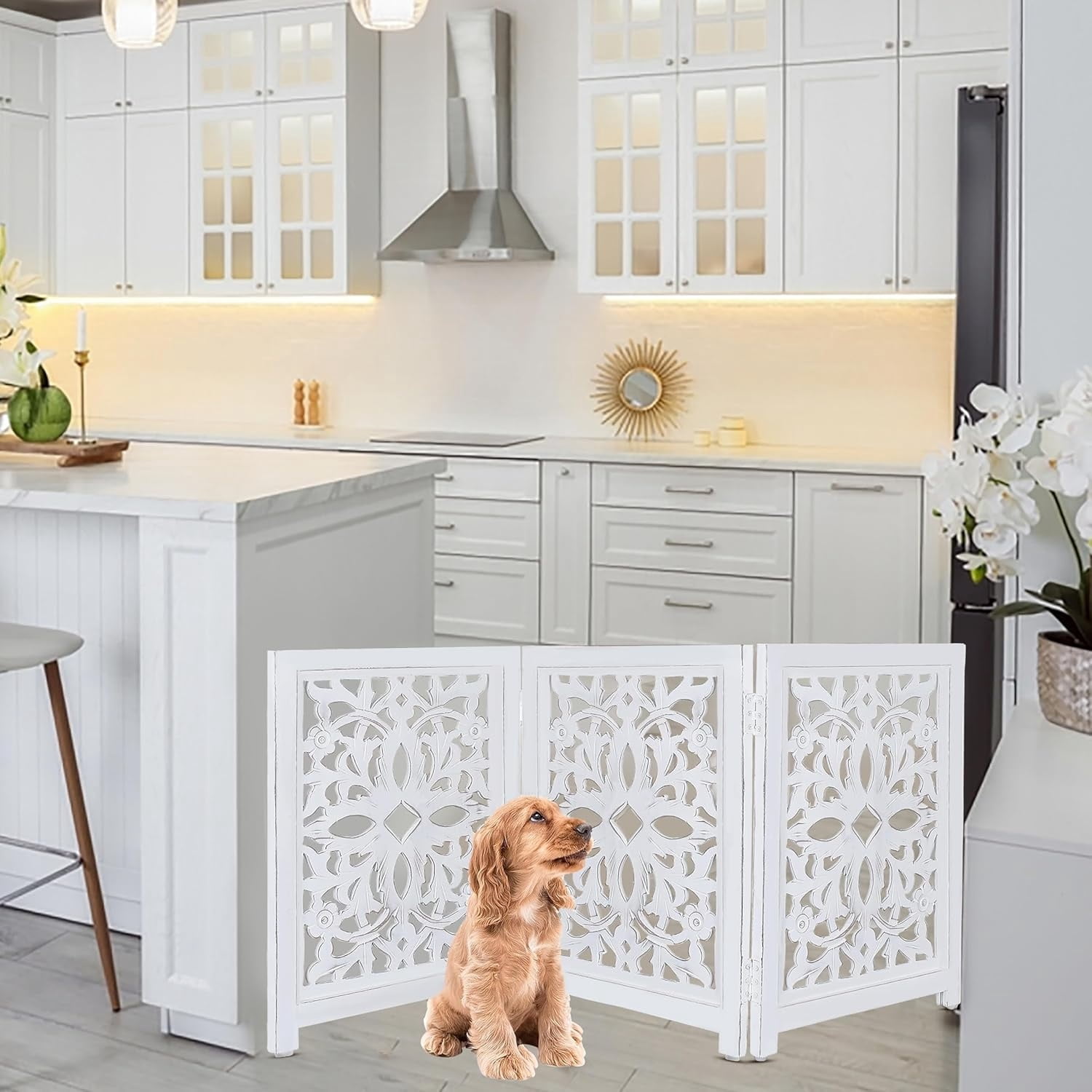 Lightnpro Foldable Carved Wooden Dog Gate - Freestanding Indoor Pet Safety Barrier, Adjustable Decorative Dog Fence for Stairs, Doorways & Hallways - 24x18 Inch Antique White