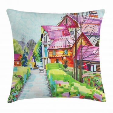 Fine Art Throw Pillow Cushion Cover, Unusual Rural Village with Wooden Houses Bushes Impressionism Modern Art Landscape, Decorative Square Accent Pillow Case, 24 X 24 Inches, Multicolor, by Ambesonne