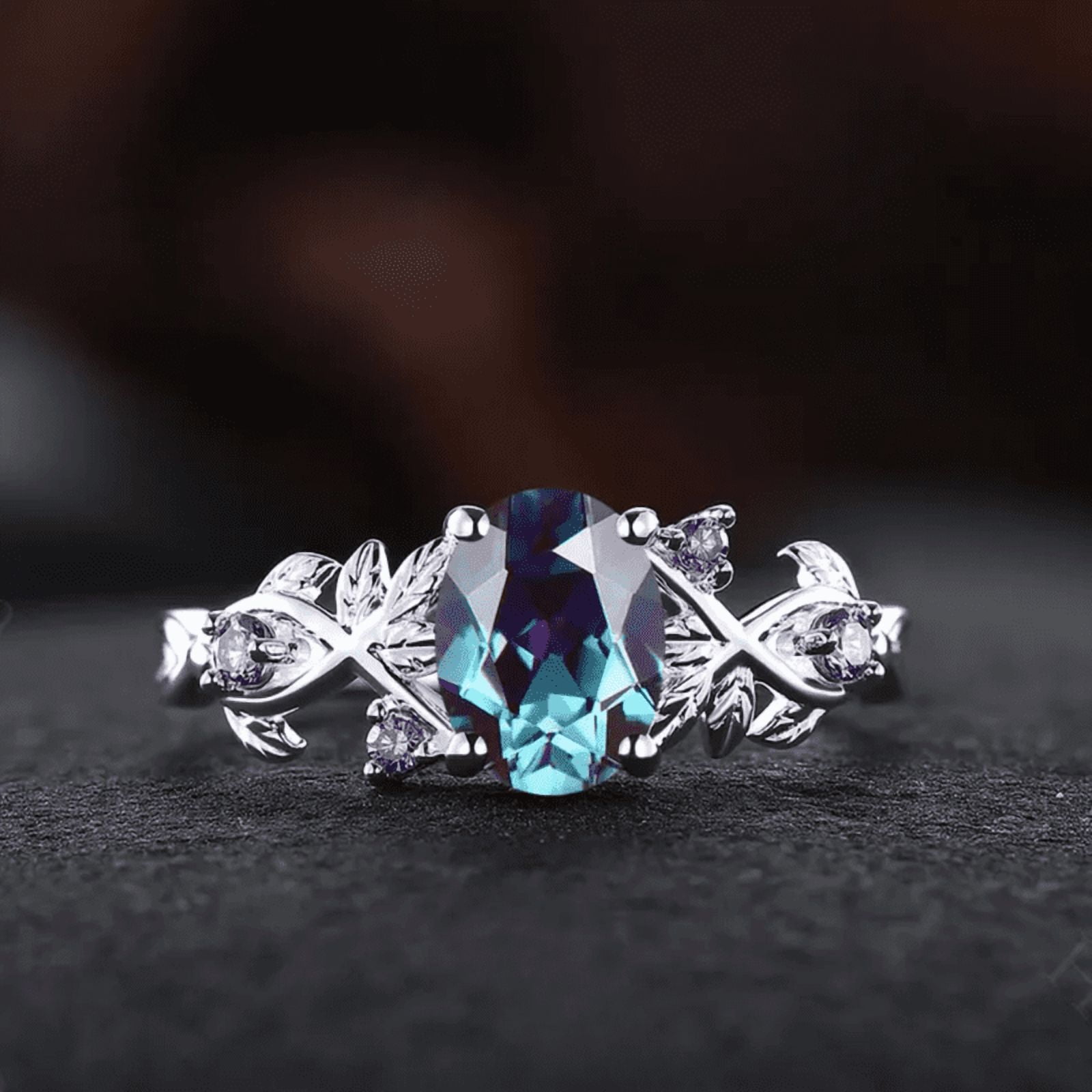 Oval Cut Alexandrite Ring in 14K Black Gold Vermeil- Leaf Inspired Amethyst Engagement Ring- Promise Ring for Woman